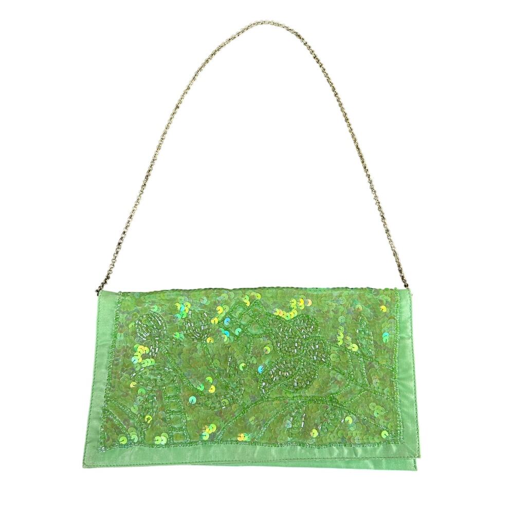 H&M- Y2K Clutch  golden chain- 9x5" Flap- Lime Green Beaded floral- some wear